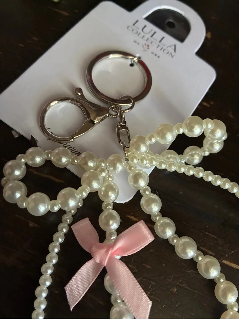 Pearl Bow Keyring with Pink Ribbon Detail,Bag Charm. - Picture 7 of 7